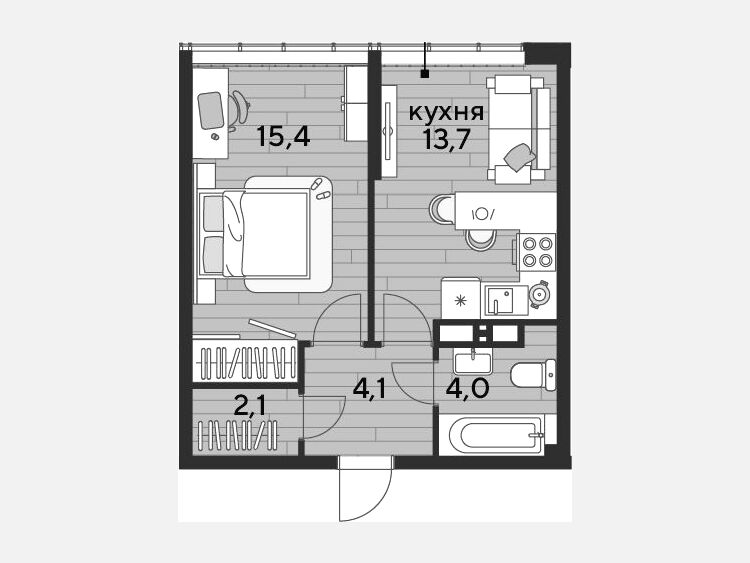 1-комнатная квартира, 39.30 м², 15/16 этаж фото 0