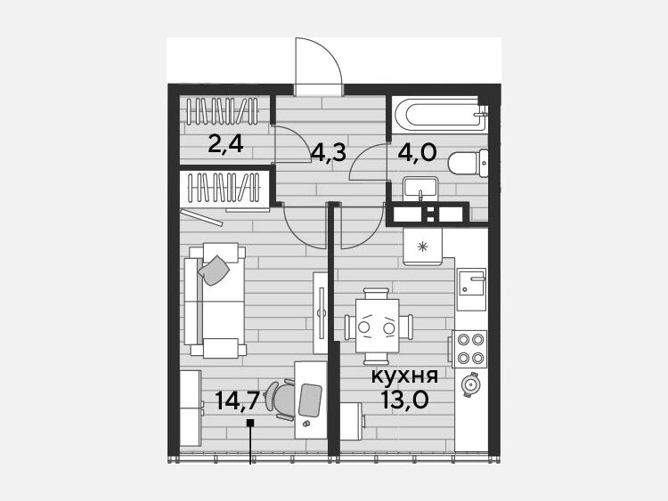 1-комнатная квартира, 38.40 м², 16/16 этаж фото 0