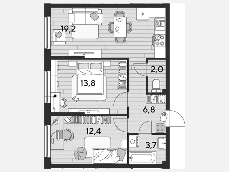 3-комнатная квартира, 57.90 м², 2/16 этаж фото 0