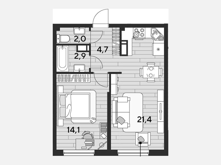 2-комнатная квартира, 45.10 м², 13/16 этаж фото 0