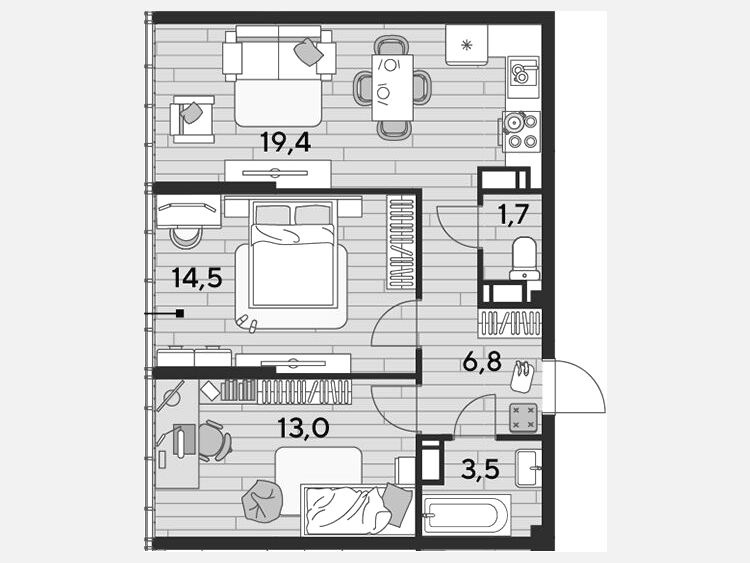 3-комнатная квартира, 58.80 м², 16/16 этаж фото 0