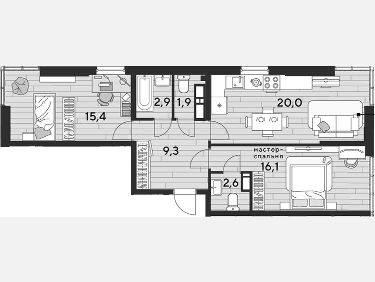 3-комнатная квартира, 68.10 м², 16/16 этаж фото 0