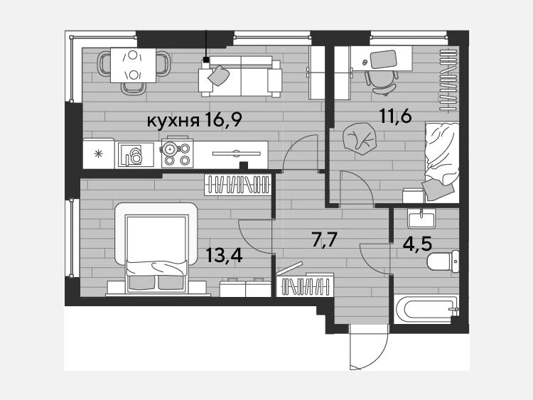 3-комнатная квартира, 54.10 м², 2/16 этаж фото 0