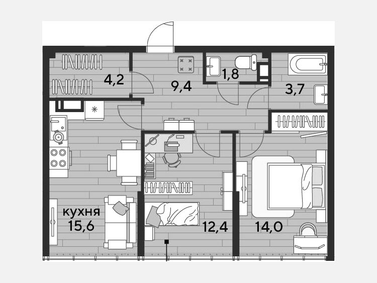 3-комнатная квартира, 61.10 м², 16/16 этаж фото 0