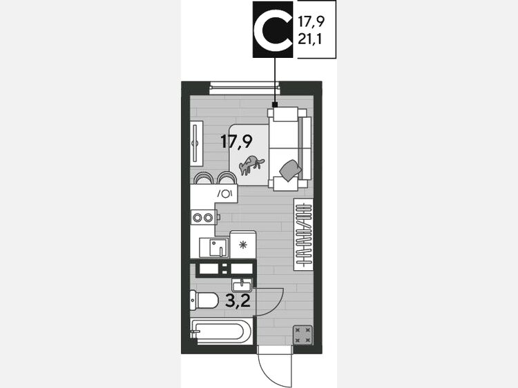 Студия, 21.10 м², 10/16 этаж фото 0