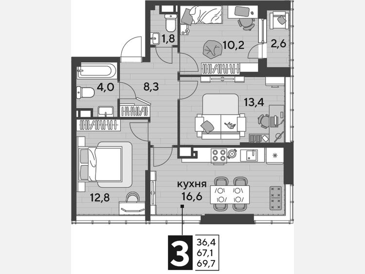 4-комнатная квартира, 67.10 м², 11/16 этаж фото 0