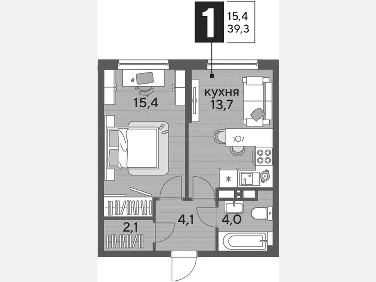 1-комнатная квартира, 39.30 м², 13/16 этаж фото 0