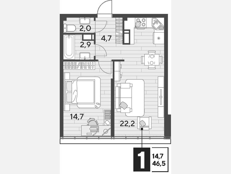 2-комнатная квартира, 46.50 м², 16/16 этаж фото 0