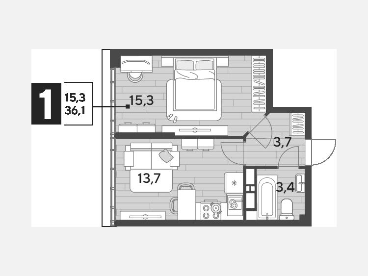 1-комнатная квартира, 36.10 м², 16/16 этаж фото 0