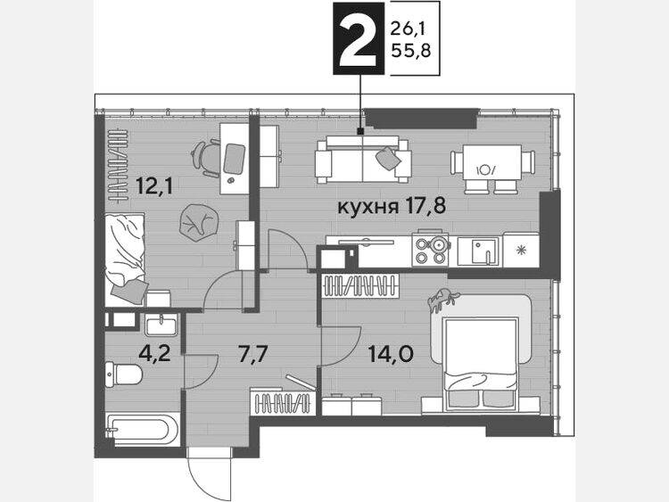 3-комнатная квартира, 55.80 м², 16/16 этаж фото 0