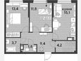 3-комнатная квартира, 59.40 м², 11/16 этаж фото 0