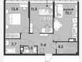 3-комнатная квартира, 59.40 м², 15/16 этаж фото 0