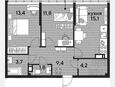 3-комнатная квартира, 59.40 м², 18/19 этаж фото 0